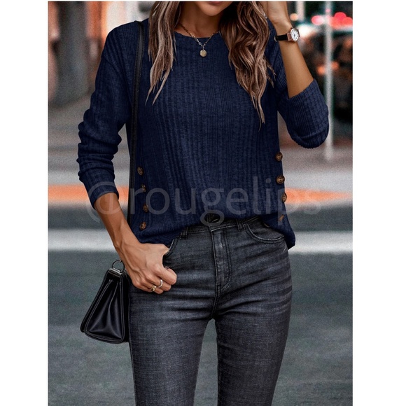 Blue Rib Knit Long Sleeve Top- Rouge! - Picture 5 of 6